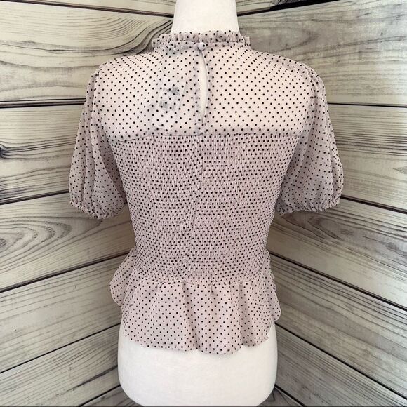 Express Light Blush Pink Dot Peplum Cropped Puff Sleeve Top - Picture 7 of 8